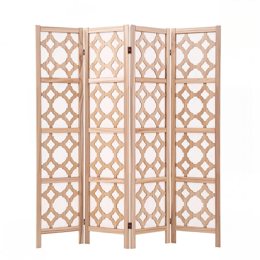 4 panel folding privacy screen featuring a natural wood frame and elegant lattice design for curated living spaces.