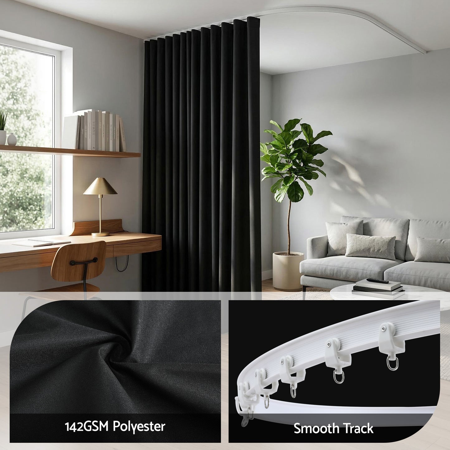 Room Divider Curtain – Flexible Bendable Track, Black, 254x213cm