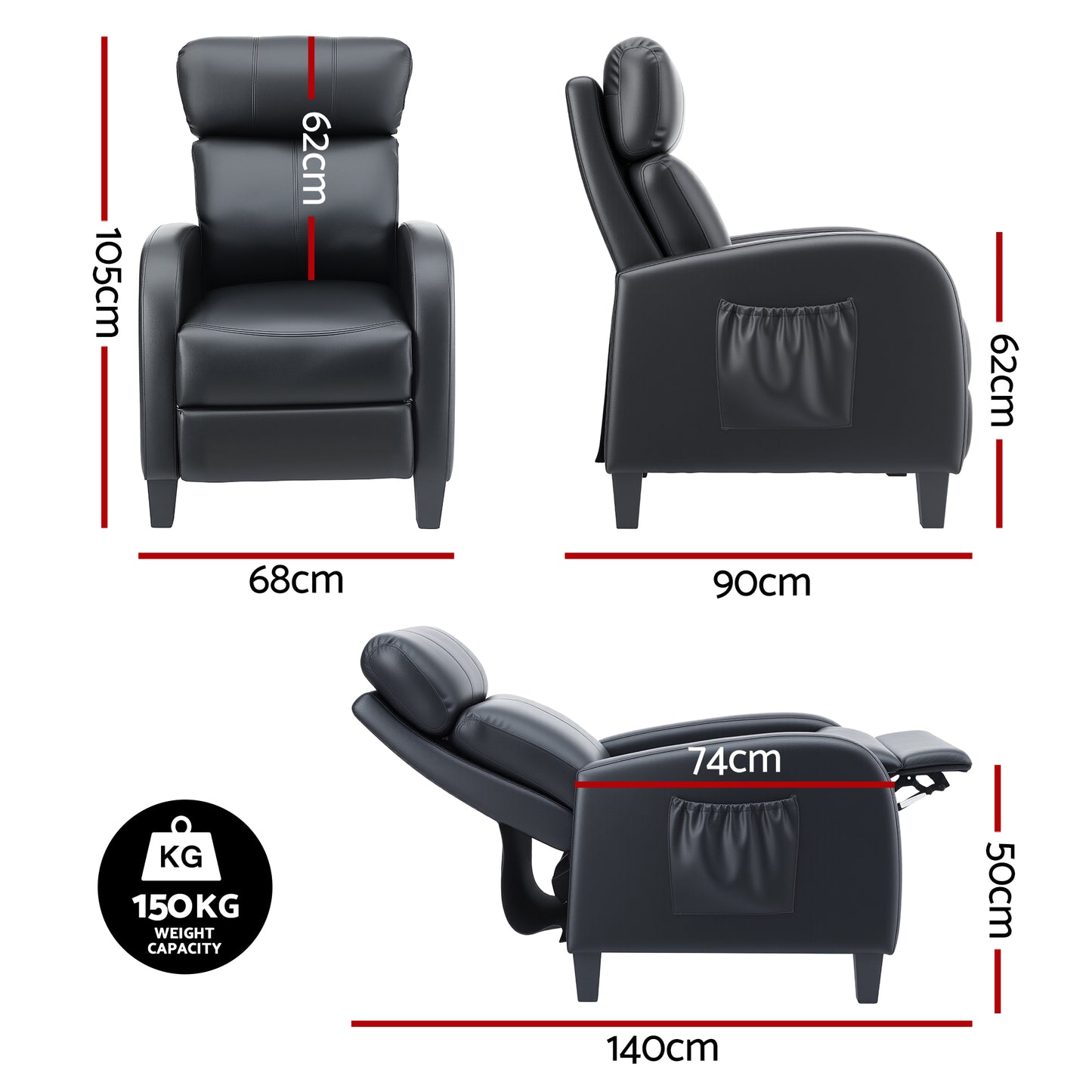 Massage Recliner Chair – 2-Point Massage, PU Leather Black, Small Size