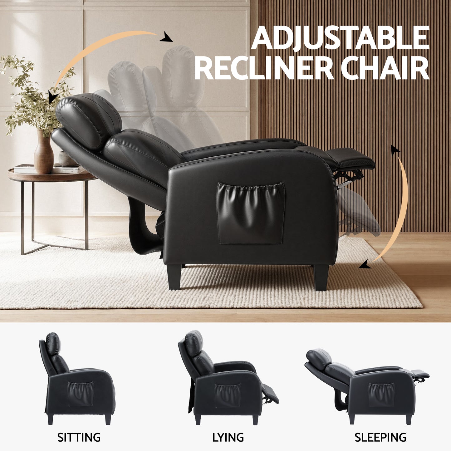 Massage Recliner Chair – 2-Point Massage, PU Leather Black, Small Size
