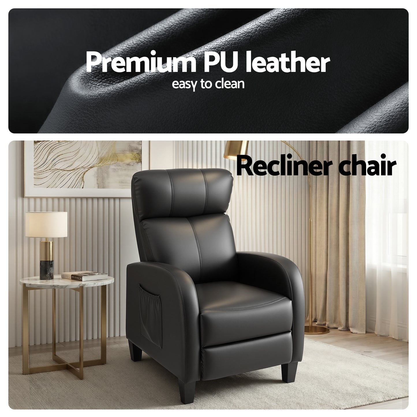 Massage Recliner Chair – 2-Point Massage, PU Leather Black, Small Size