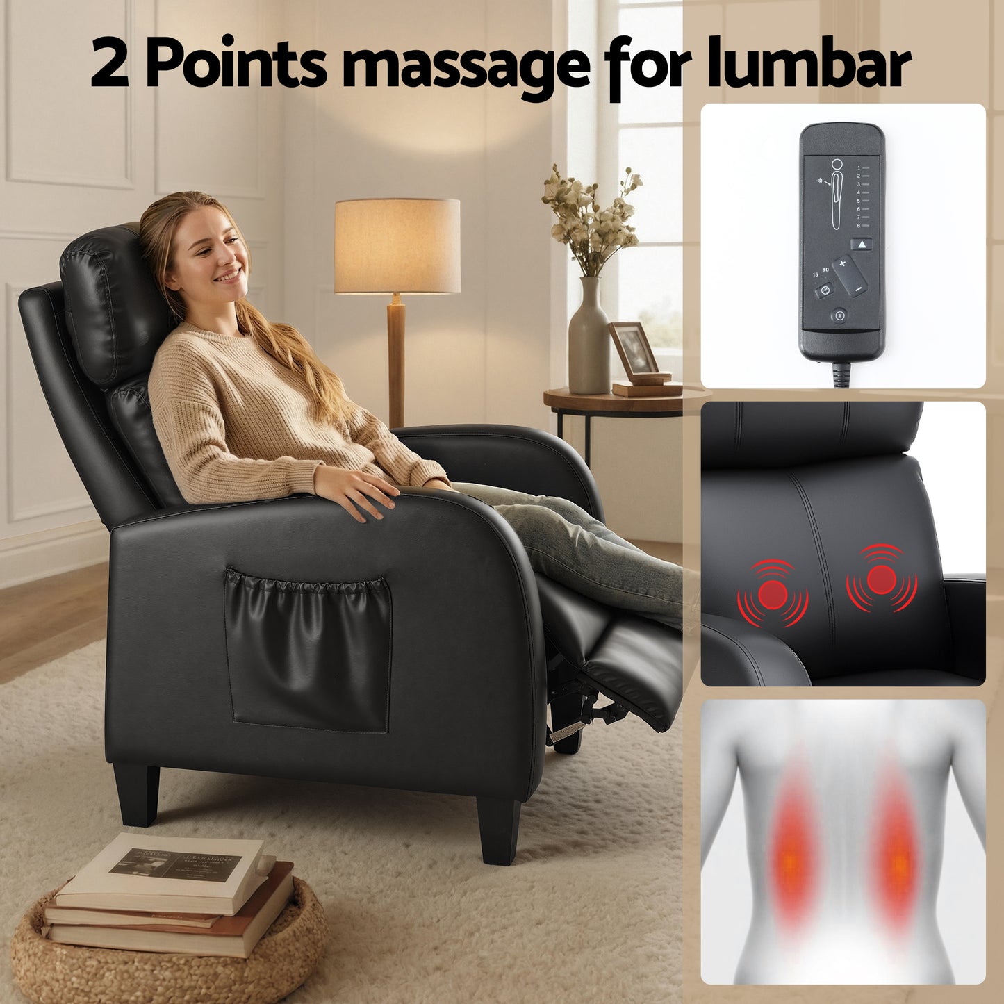 Massage Recliner Chair – 2-Point Massage, PU Leather Black, Small Size