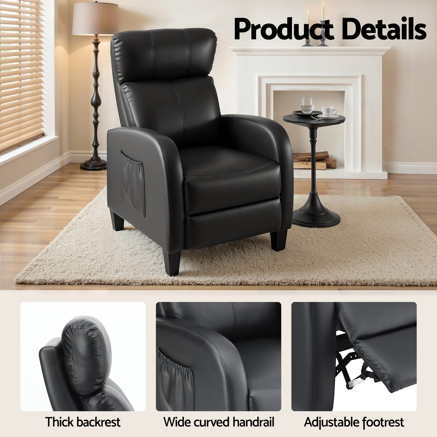 Massage Recliner Chair – 2-Point Massage, PU Leather Black, Small Size