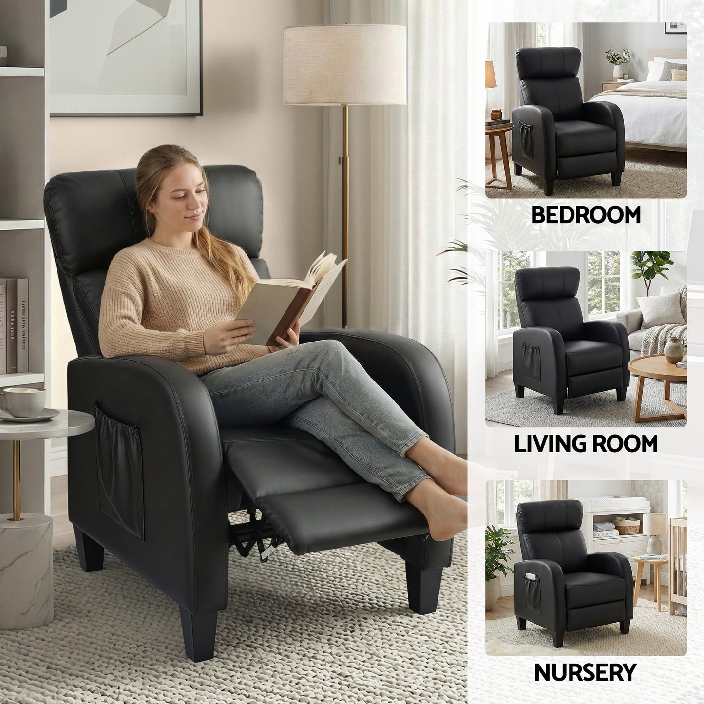 Massage Recliner Chair – 2-Point Massage, PU Leather Black, Small Size