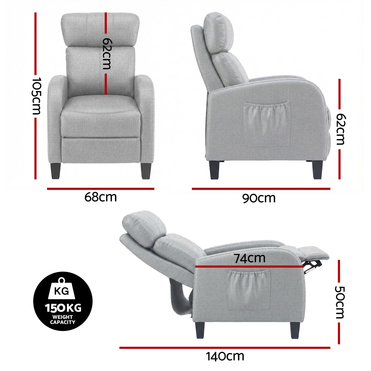 Massage Recliner Chair – 2-Point Massage, Grey Fabric Small Sofa