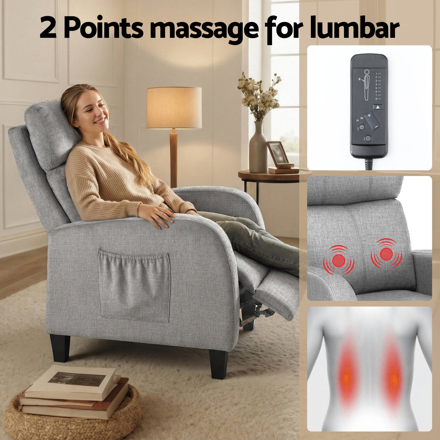 Massage Recliner Chair – 2-Point Massage, Grey Fabric Small Sofa