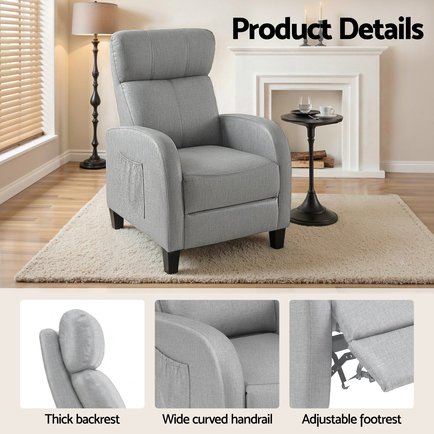 Massage Recliner Chair – 2-Point Massage, Grey Fabric Small Sofa