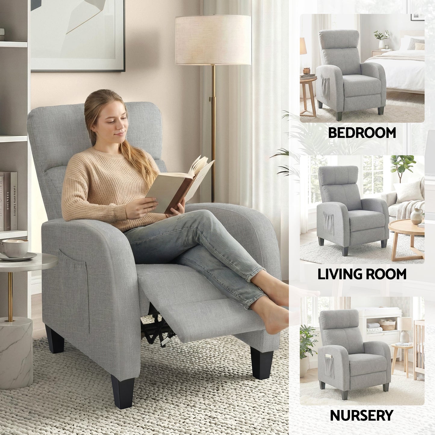 Massage Recliner Chair – 2-Point Massage, Grey Fabric Small Sofa