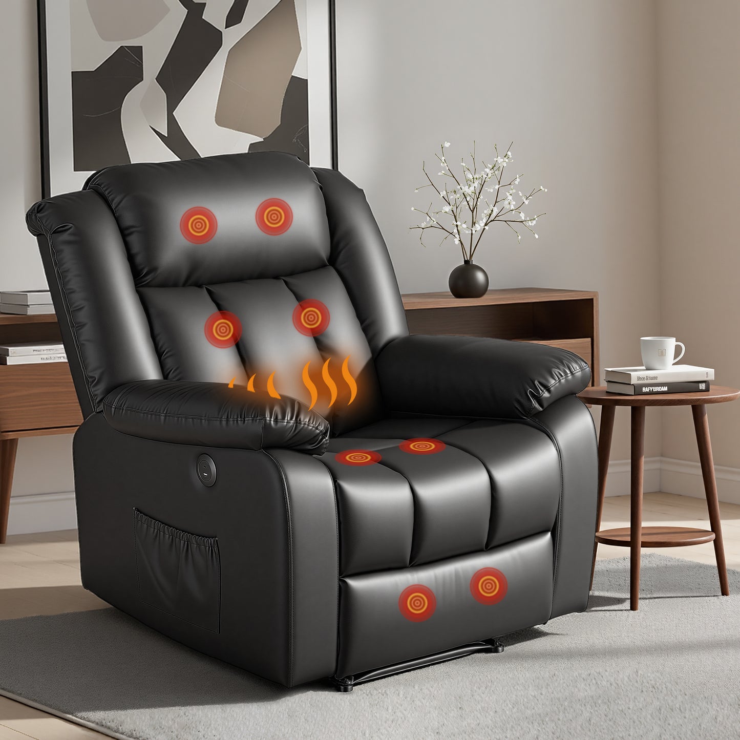 Massage Recliner Chair – 8-Point Vibration, Lumbar Heat, USB Ports, Black PU Leather