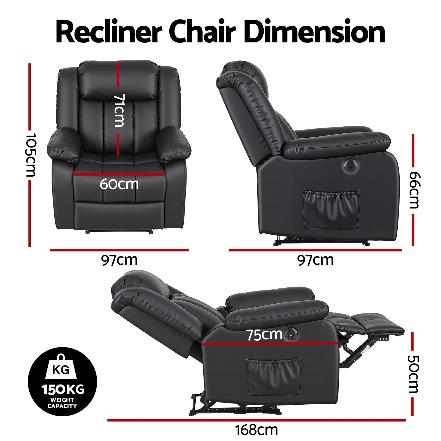Massage Recliner Chair – 8-Point Vibration, Lumbar Heat, USB Ports, Black PU Leather