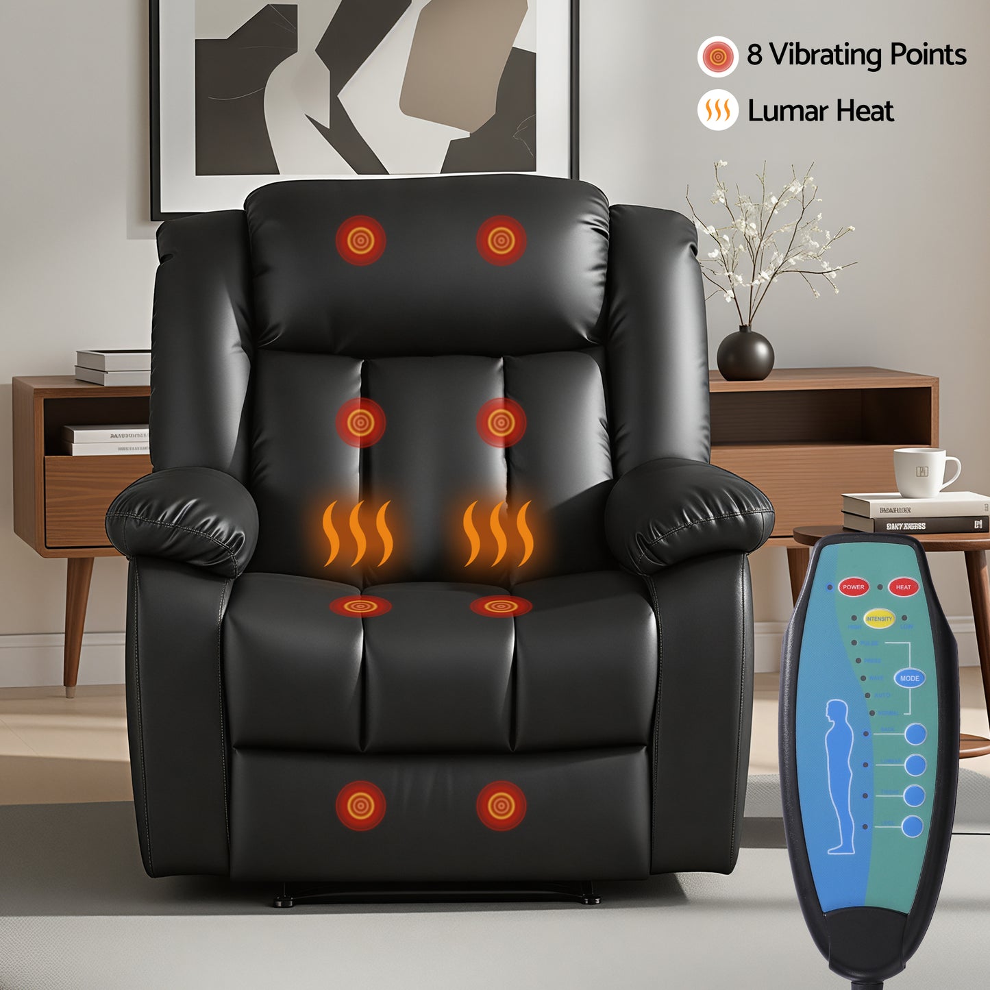 Massage Recliner Chair – 8-Point Vibration, Lumbar Heat, USB Ports, Black PU Leather