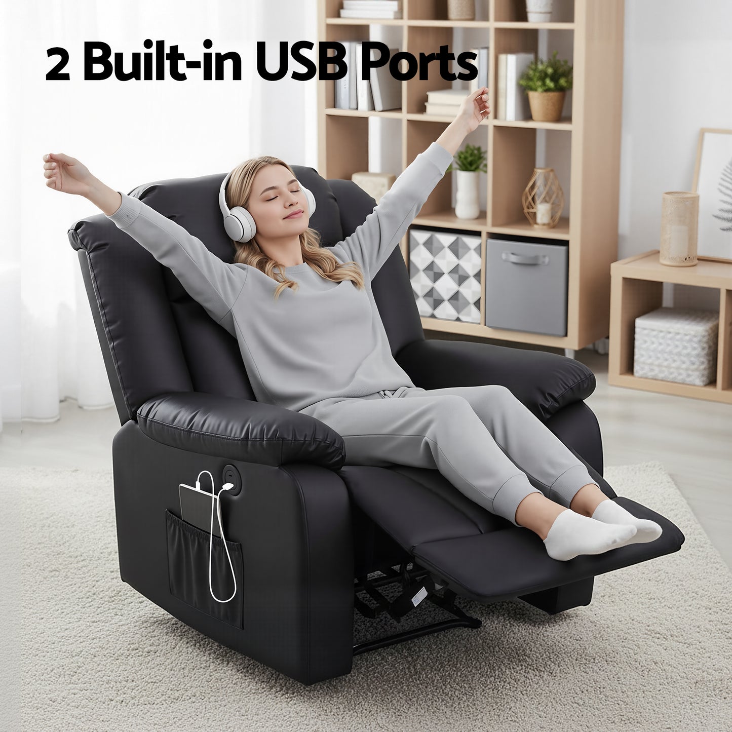 Massage Recliner Chair – 8-Point Vibration, Lumbar Heat, USB Ports, Black PU Leather