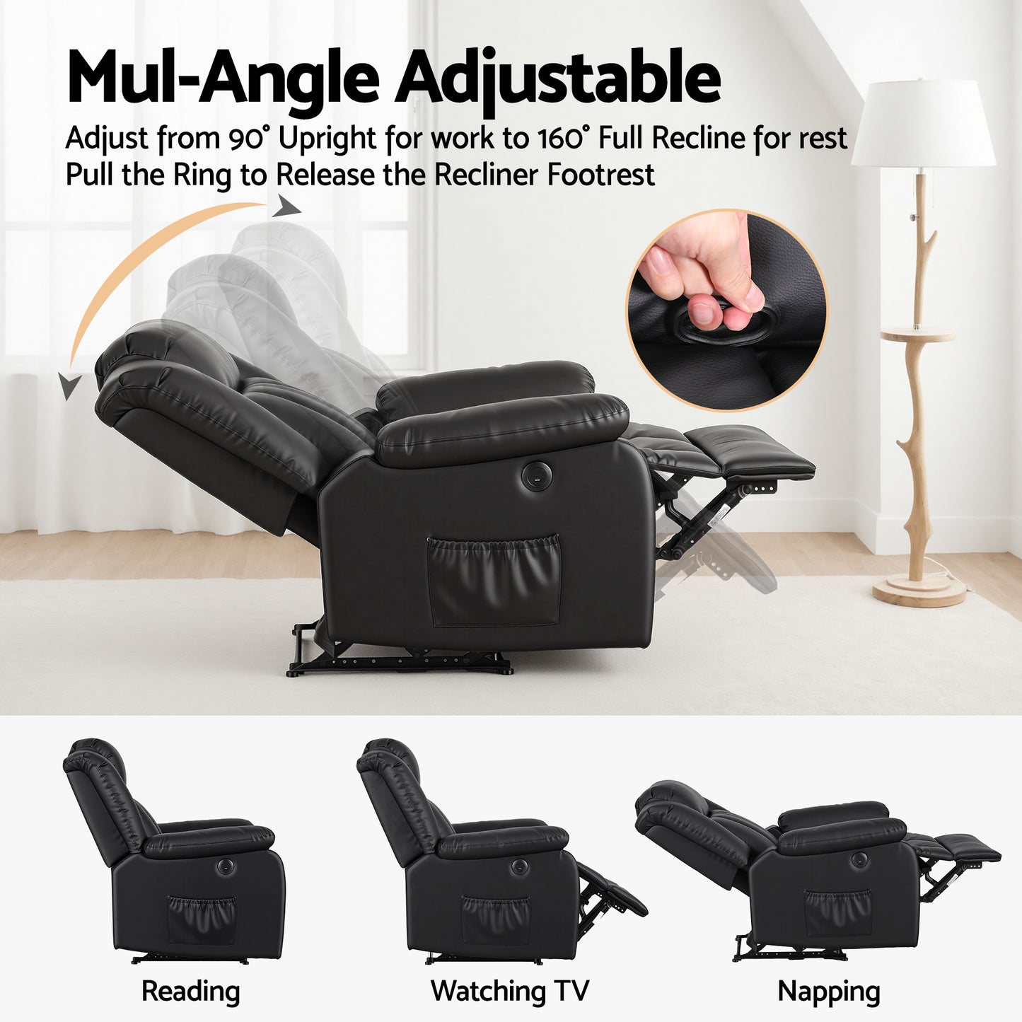 Massage Recliner Chair – 8-Point Vibration, Lumbar Heat, USB Ports, Black PU Leather