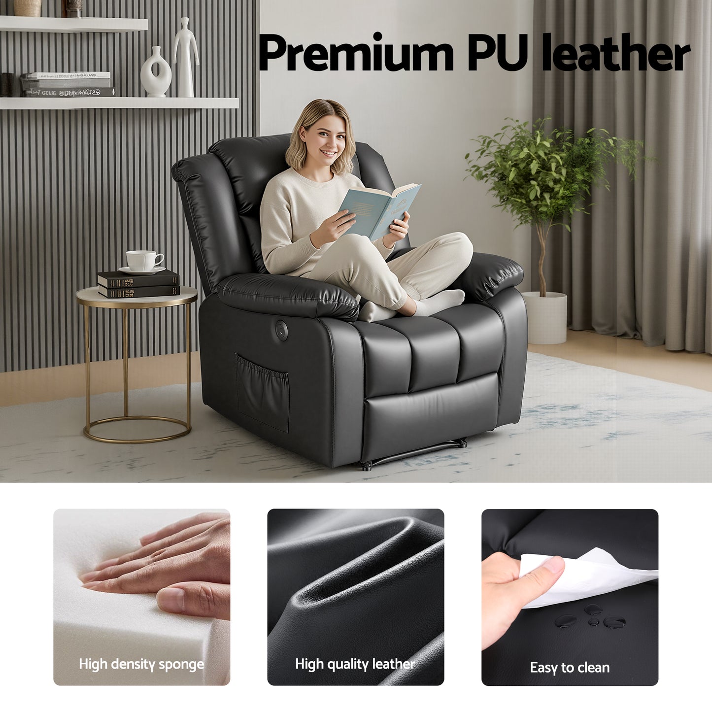 Massage Recliner Chair – 8-Point Vibration, Lumbar Heat, USB Ports, Black PU Leather