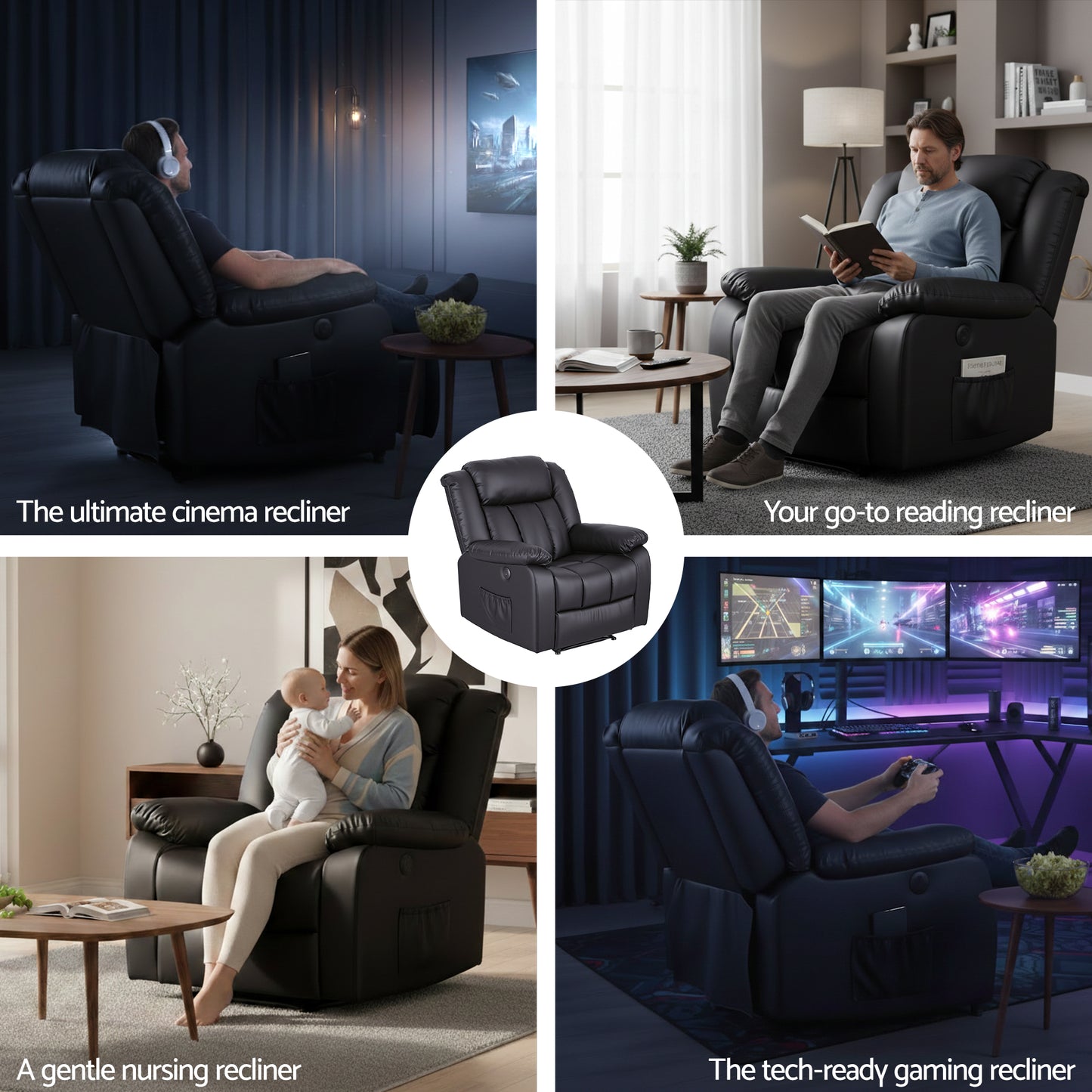 Massage Recliner Chair – 8-Point Vibration, Lumbar Heat, USB Ports, Black PU Leather