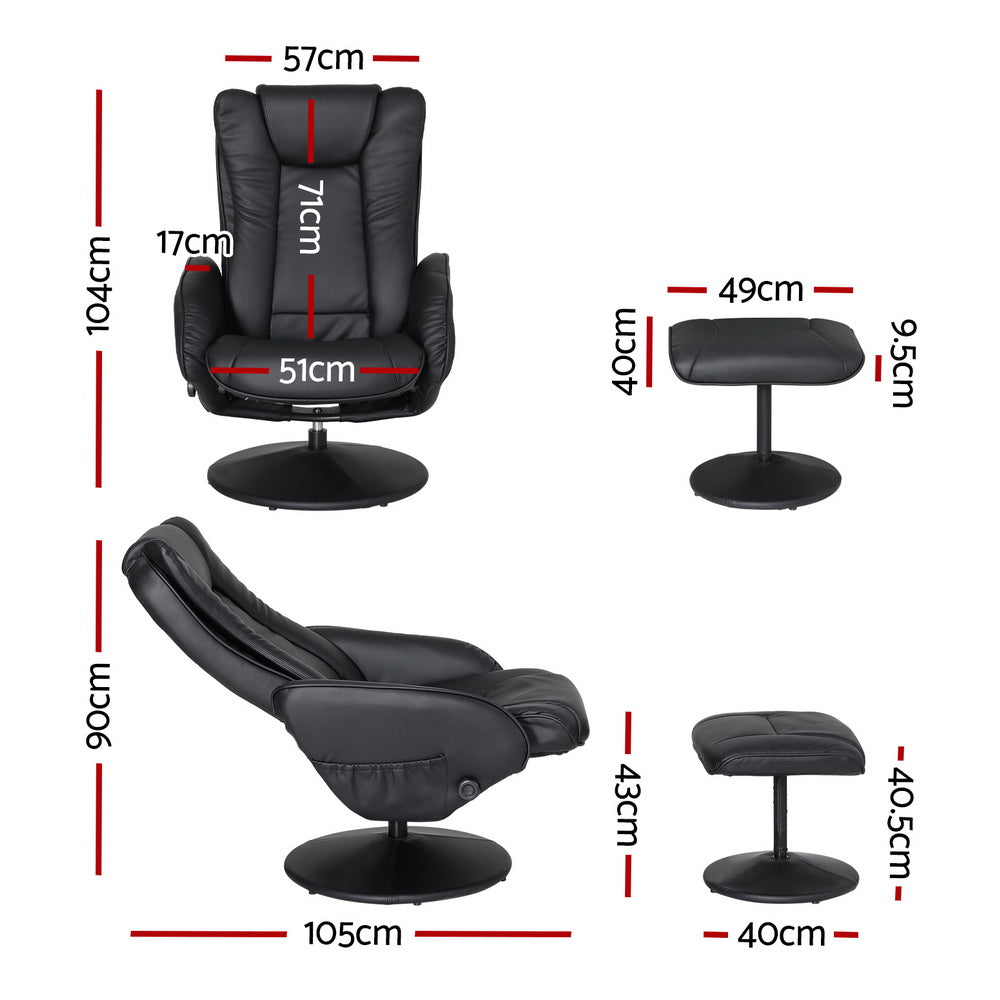 Recliner Chair with Heated Massage and Ottoman – Black, PU Leather