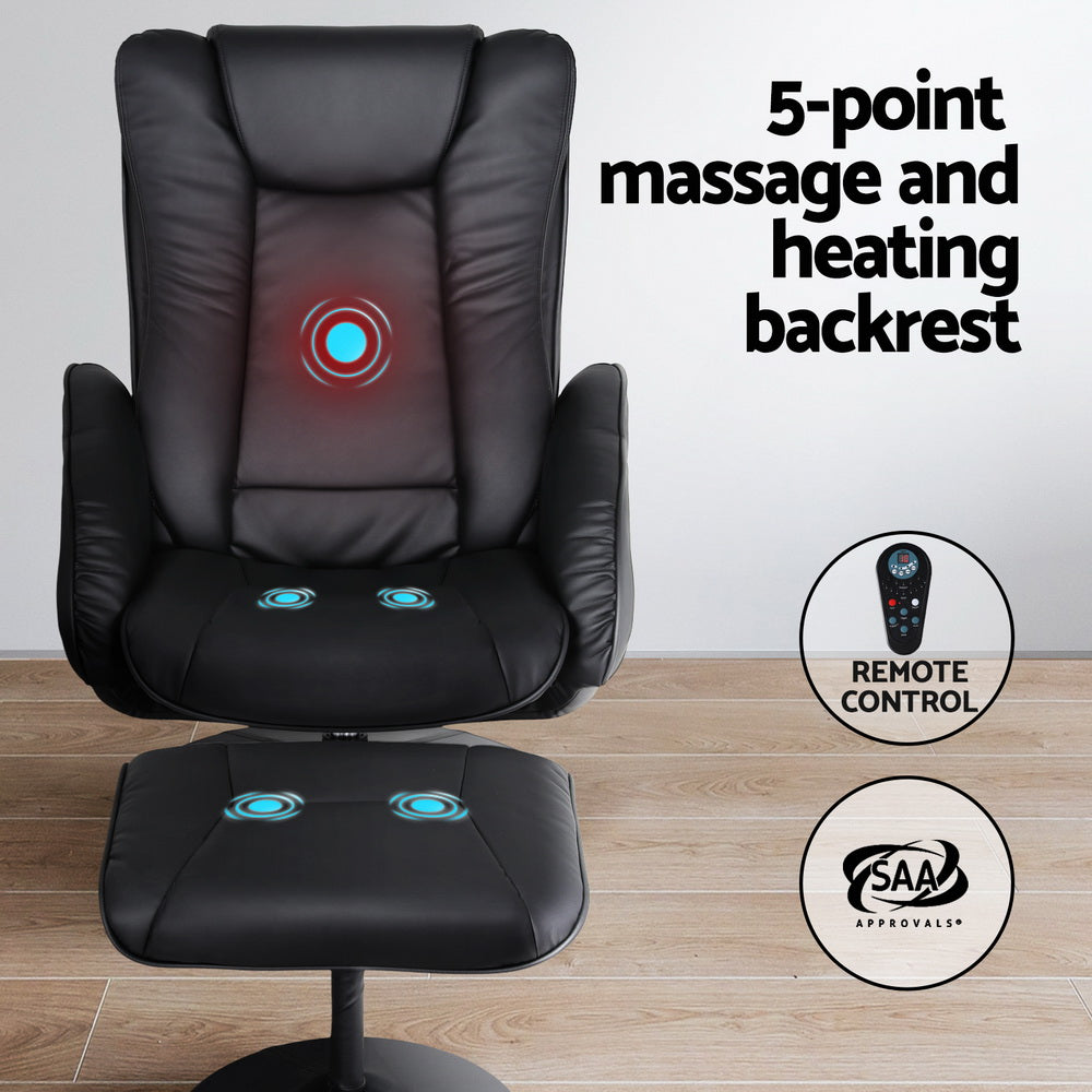 Recliner Chair with Heated Massage and Ottoman – Black, PU Leather