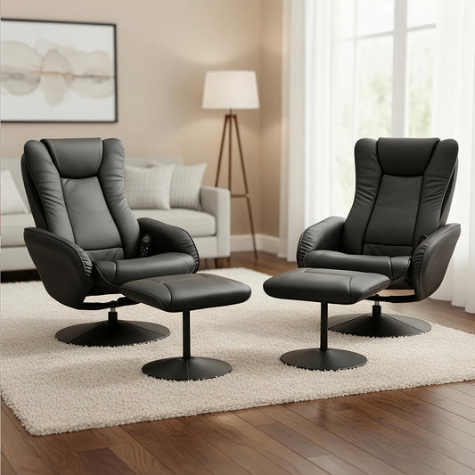 Recliner Chair with Heated Massage and Ottoman – Black, PU Leather