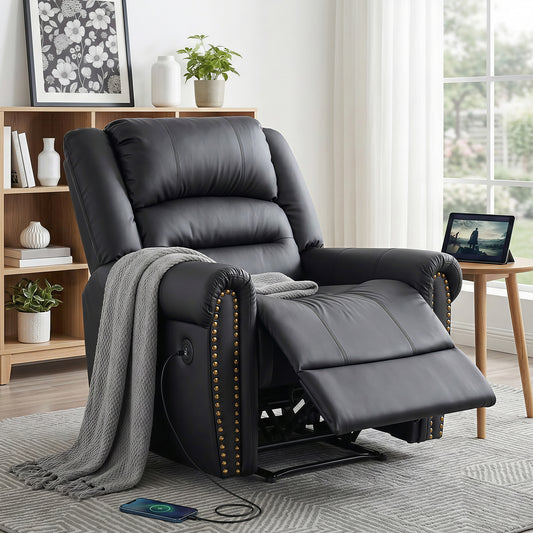 Leather Manual Recliner Chair – USB Charging Port, Black Faux Leather