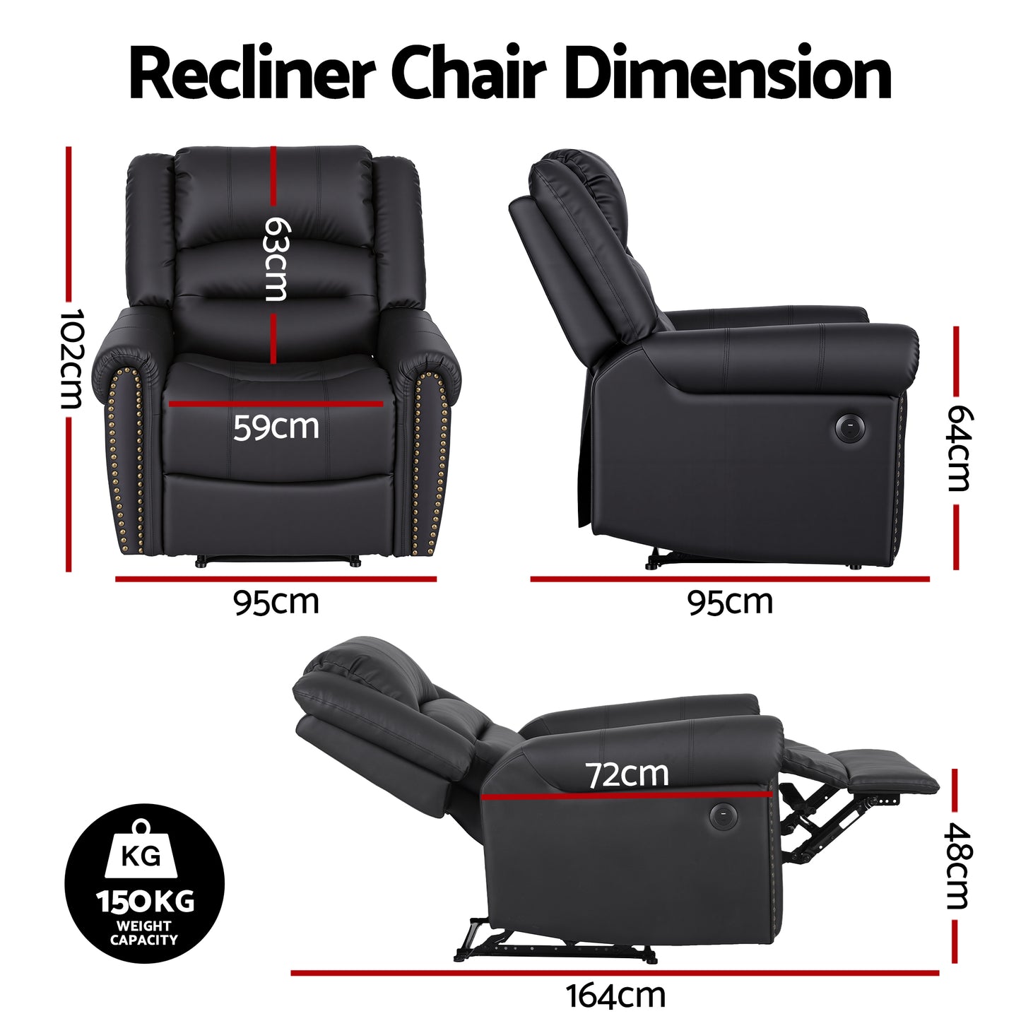 Leather Manual Recliner Chair – USB Charging Port, Black Faux Leather