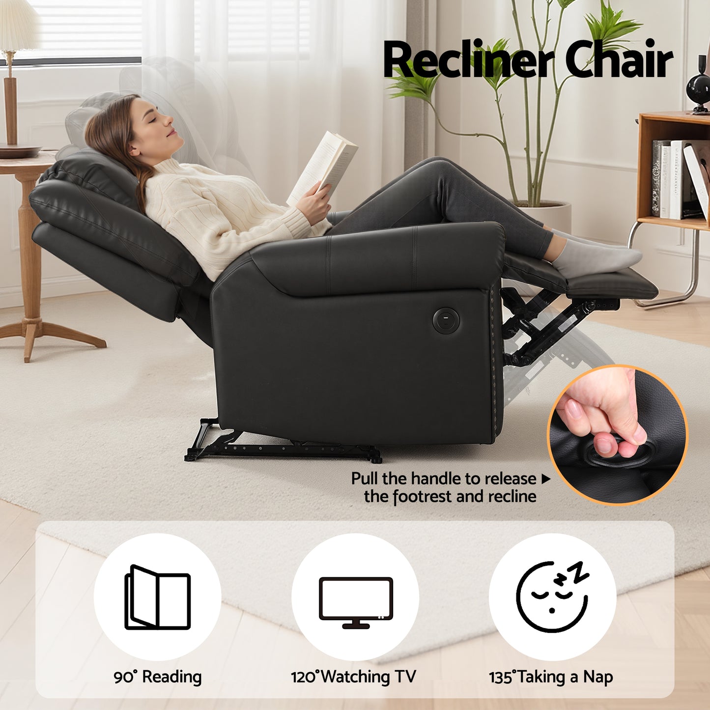 Leather Manual Recliner Chair – USB Charging Port, Black Faux Leather