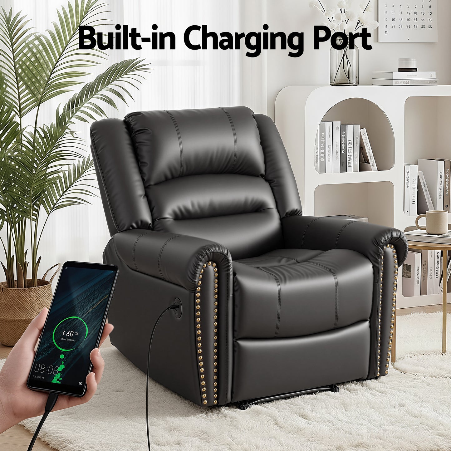 Leather Manual Recliner Chair – USB Charging Port, Black Faux Leather