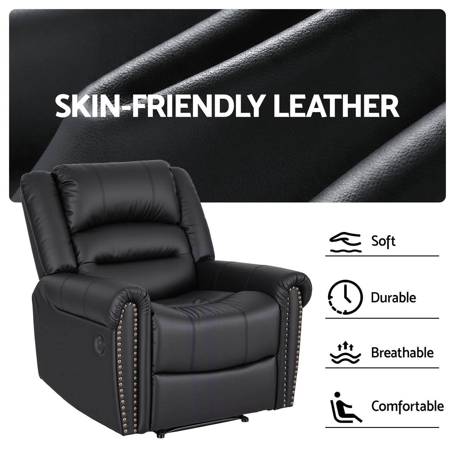Leather Manual Recliner Chair – USB Charging Port, Black Faux Leather