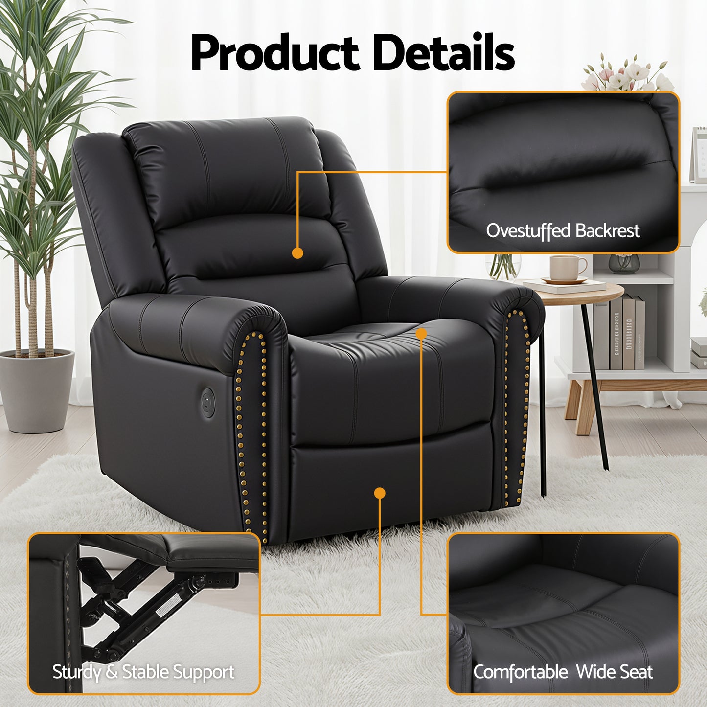 Leather Manual Recliner Chair – USB Charging Port, Black Faux Leather