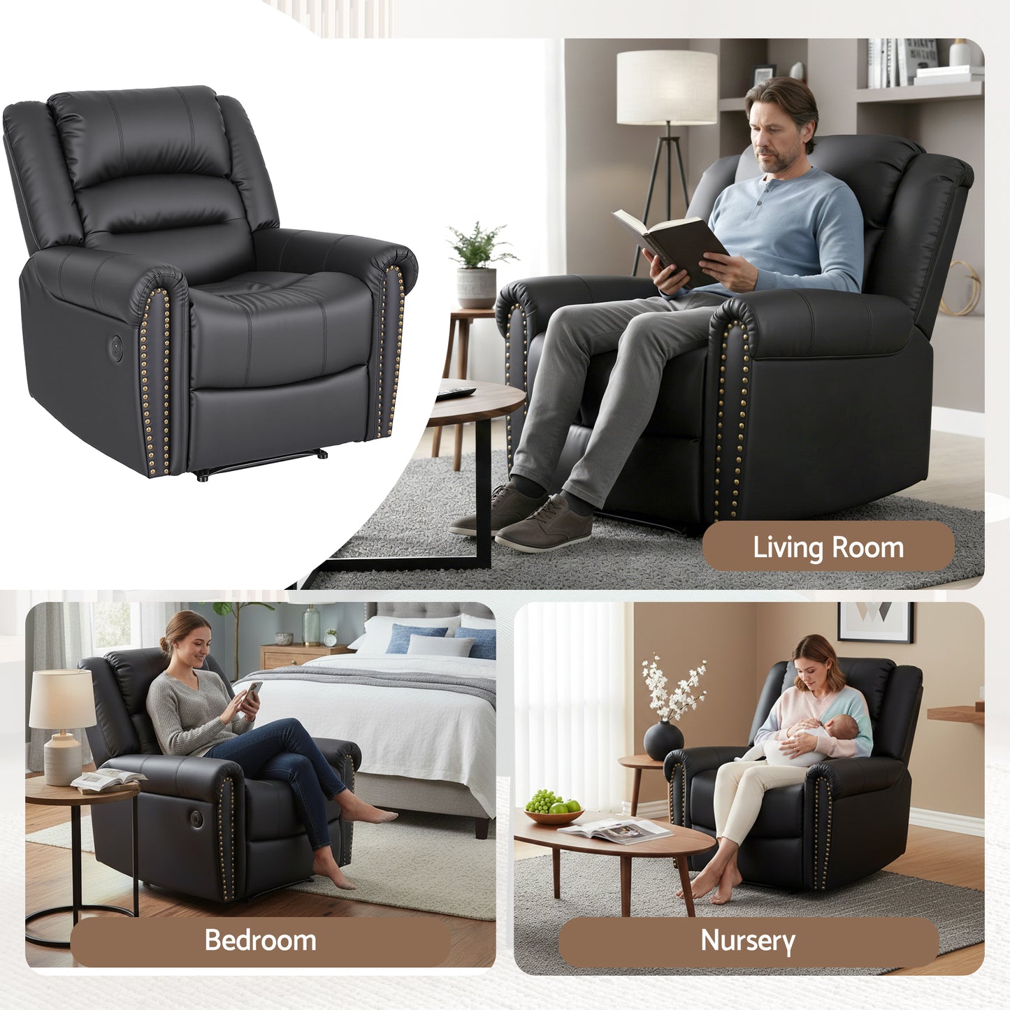 Leather Manual Recliner Chair – USB Charging Port, Black Faux Leather