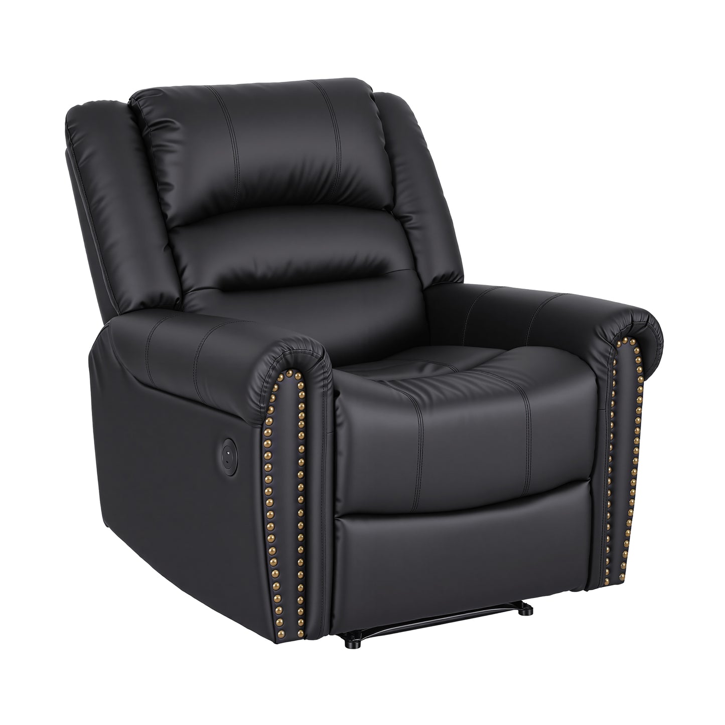 Leather Manual Recliner Chair – USB Charging Port, Black Faux Leather