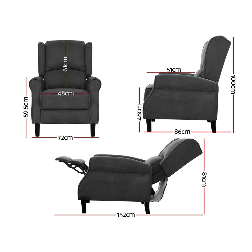 TWSC Recliner Chair Adjustable Sofa Lounge Soft Suede Armchair Couch Charcoal
