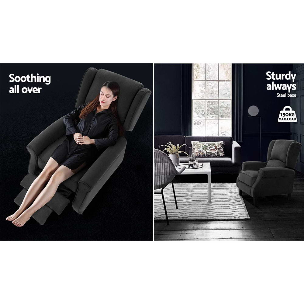 TWSC Recliner Chair Adjustable Sofa Lounge Soft Suede Armchair Couch Charcoal
