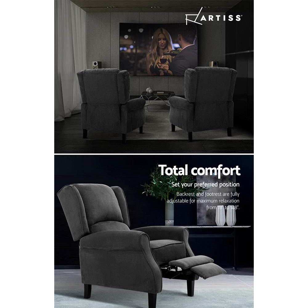 TWSC Recliner Chair Adjustable Sofa Lounge Soft Suede Armchair Couch Charcoal