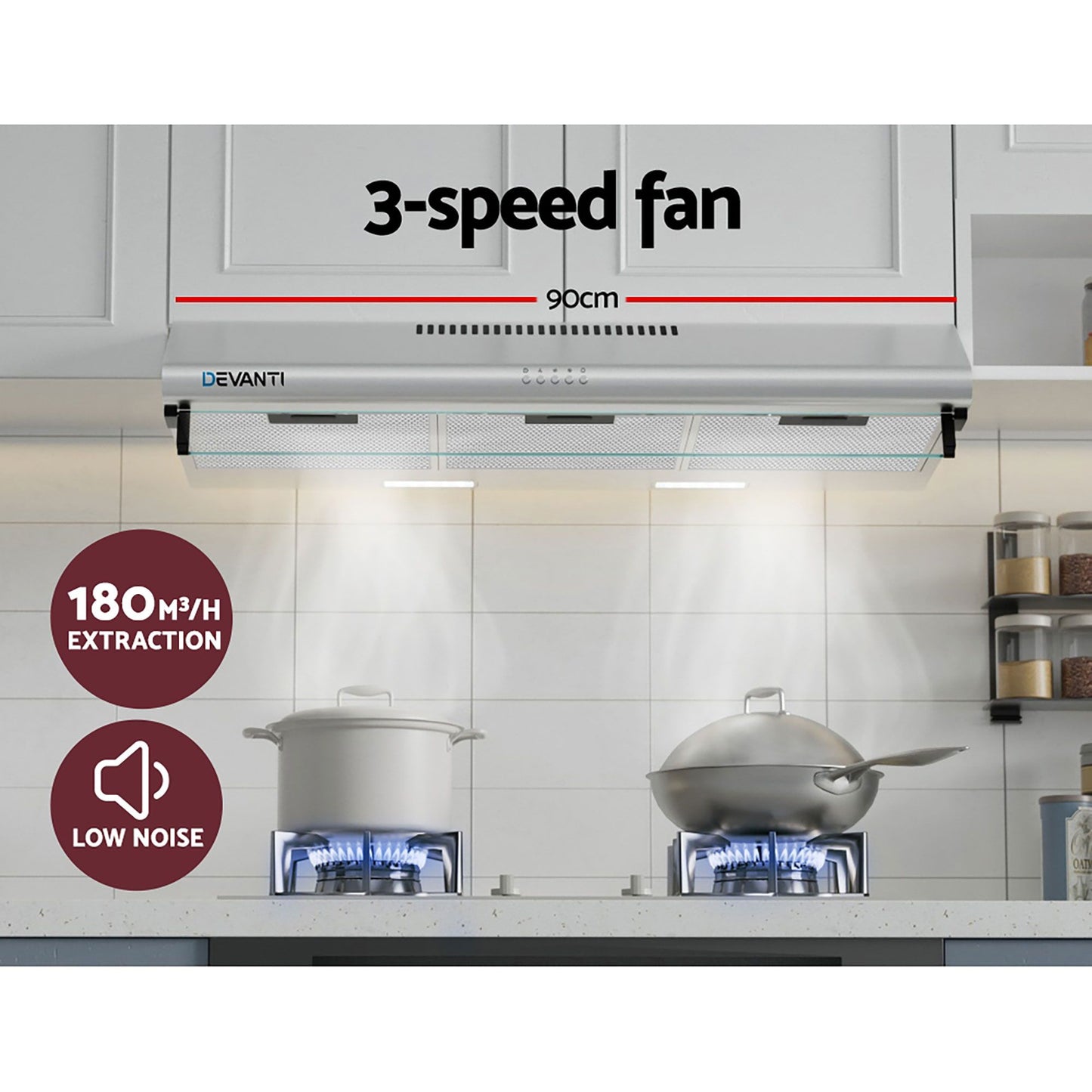 Range Hood – Powerful Extraction, 90cm Stainless Steel with Glass Visor
