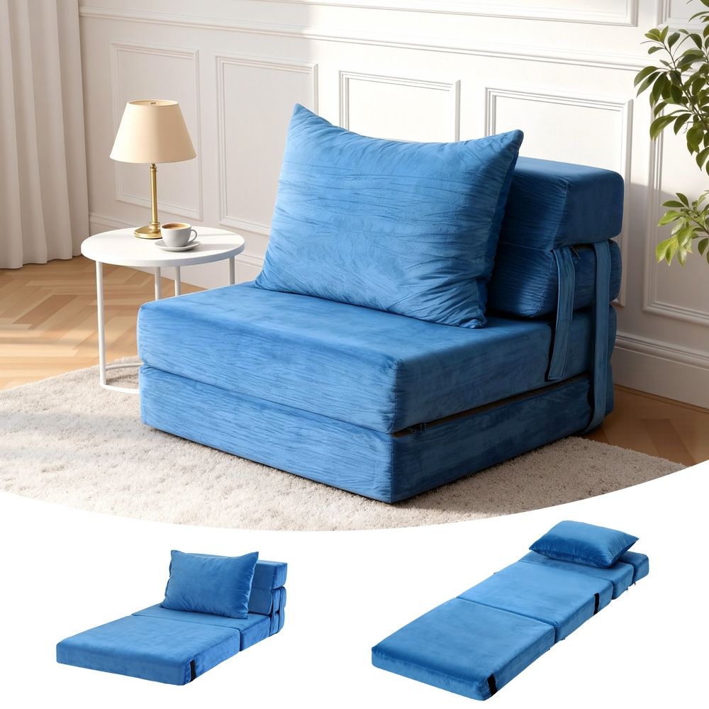 Convertible Folding Sofa Bed – Velvet Foam Floor Lounger with Pillow, Blue