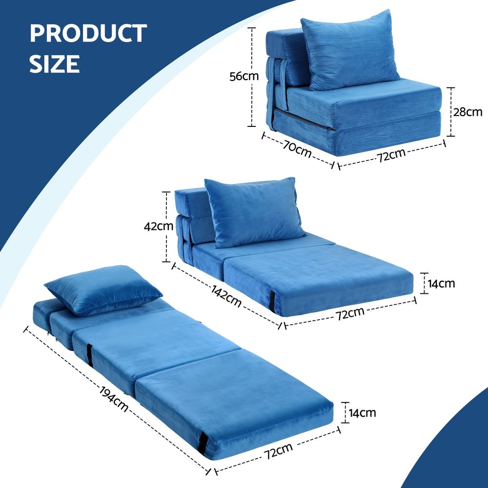 Convertible Folding Sofa Bed – Velvet Foam Floor Lounger with Pillow, Blue