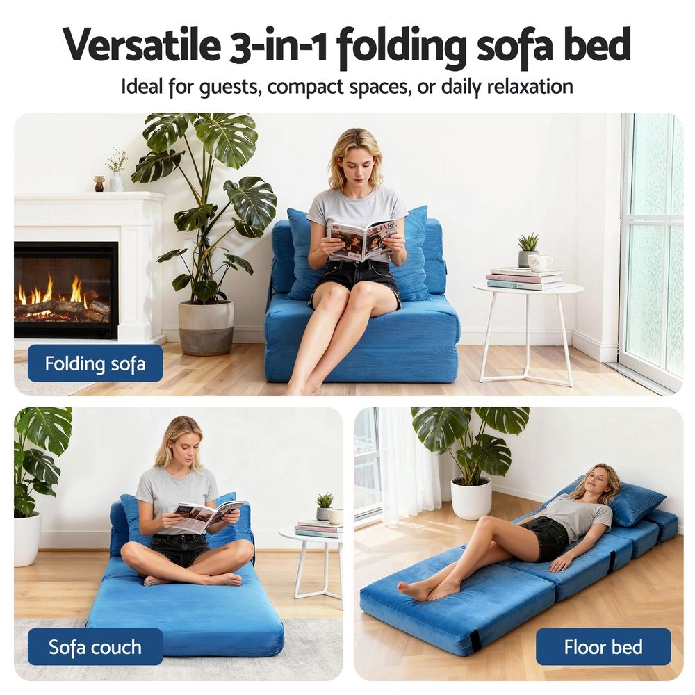 Convertible Folding Sofa Bed – Velvet Foam Floor Lounger with Pillow, Blue