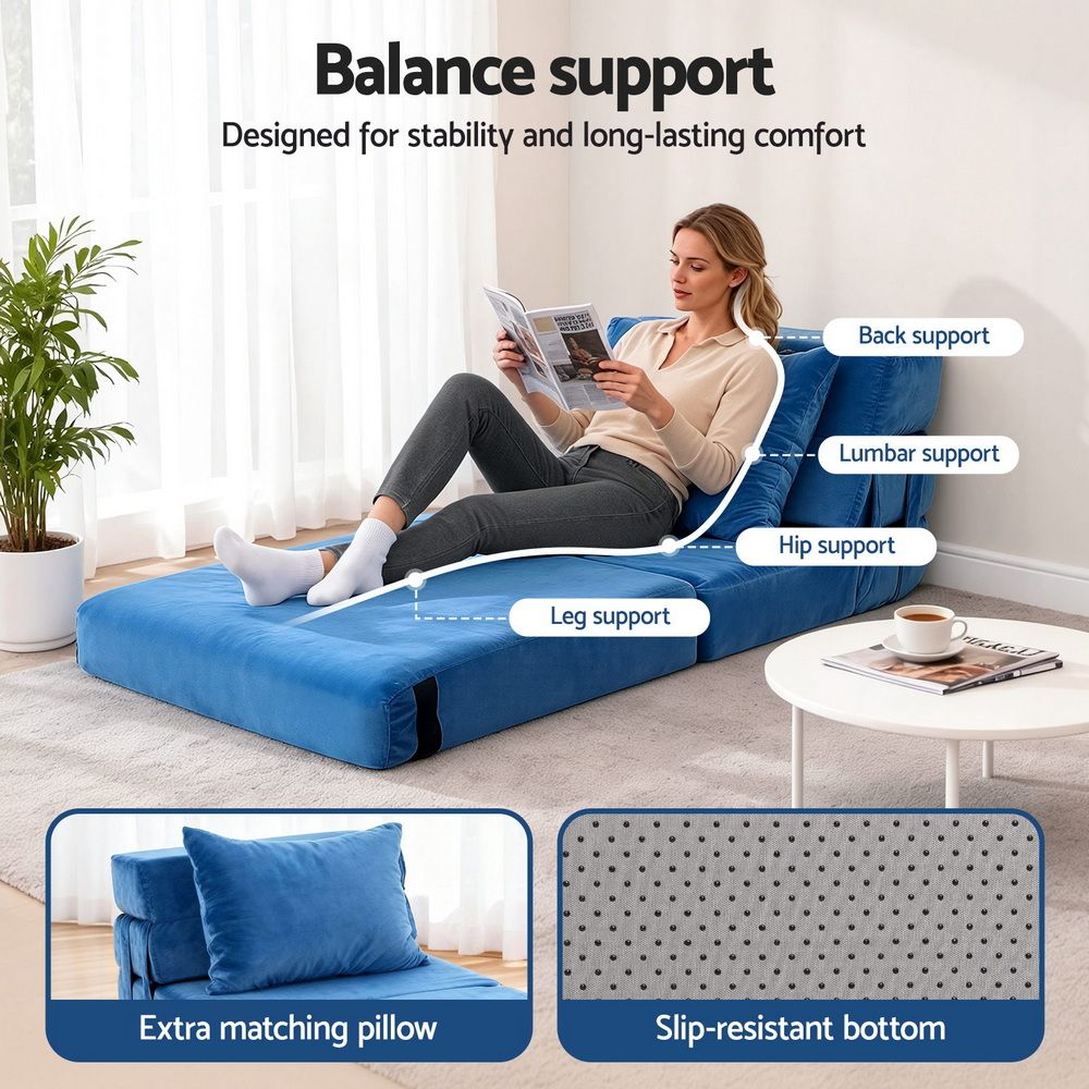 Convertible Folding Sofa Bed – Velvet Foam Floor Lounger with Pillow, Blue