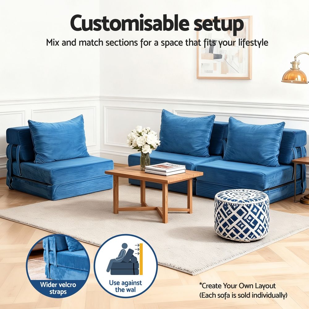 Convertible Folding Sofa Bed – Velvet Foam Floor Lounger with Pillow, Blue