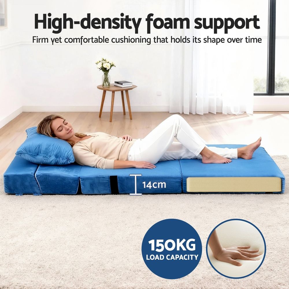 Convertible Folding Sofa Bed – Velvet Foam Floor Lounger with Pillow, Blue