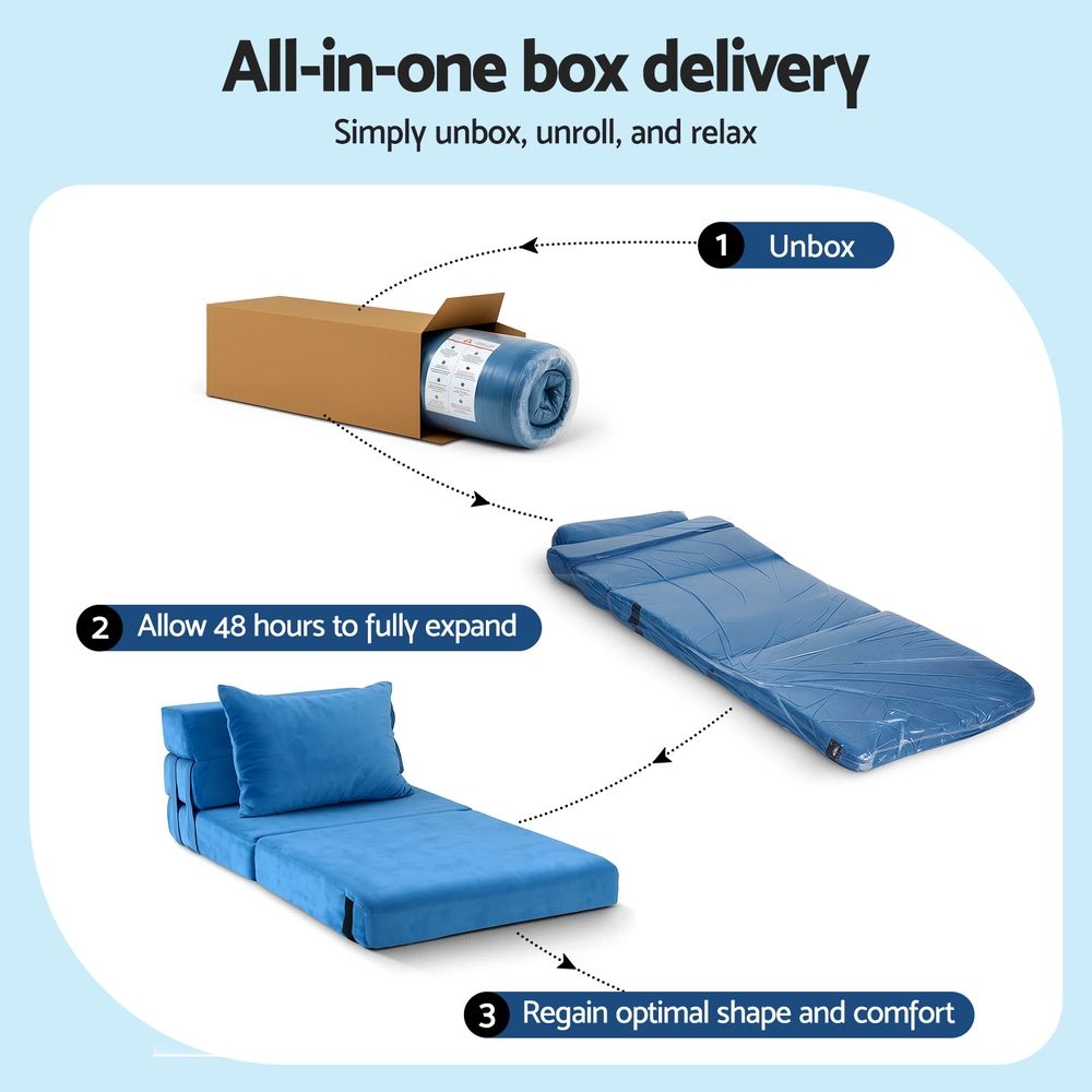 Convertible Folding Sofa Bed – Velvet Foam Floor Lounger with Pillow, Blue