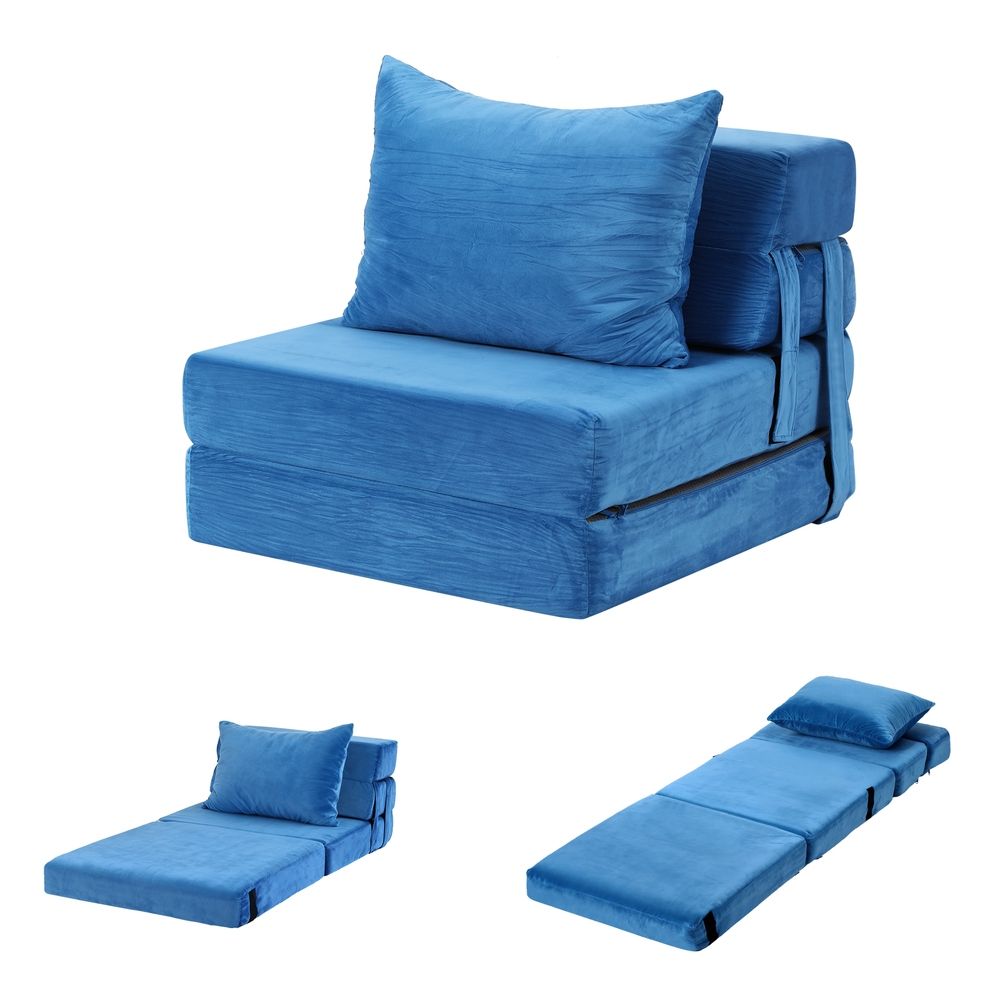 Convertible Folding Sofa Bed – Velvet Foam Floor Lounger with Pillow, Blue