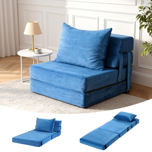Convertible Folding Sofa Bed – Velvet Foam Floor Lounger with Pillow, Blue