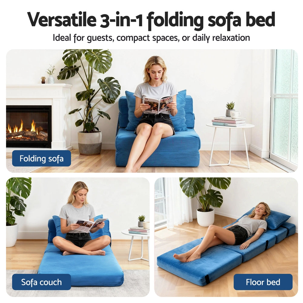 Convertible Folding Sofa Bed – Velvet Foam Floor Lounger with Pillow, Blue