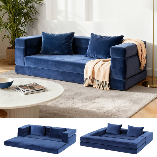 Convertible Folding Sofa Bed – Velvet Fabric, Blue, 3-in-1 Lounge Couch with Pillows