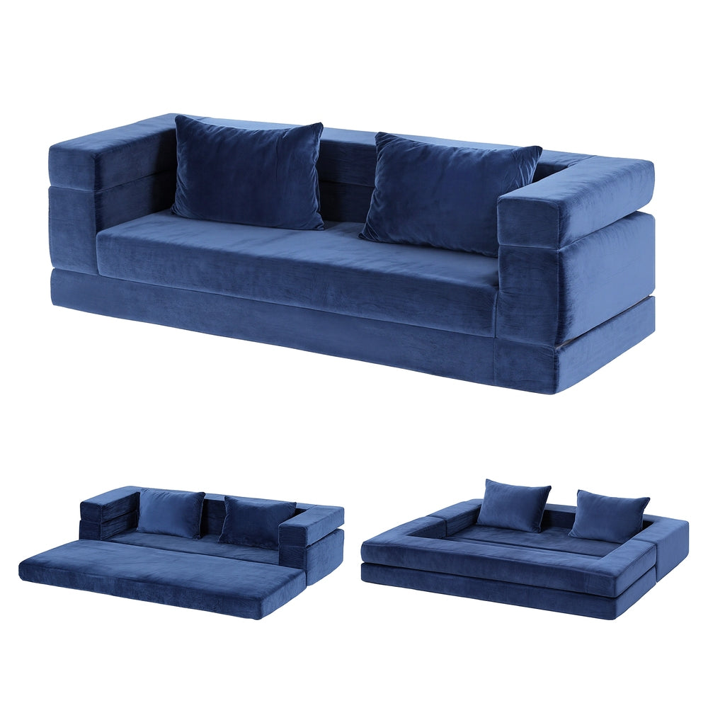 Convertible Folding Sofa Bed – Velvet Fabric, Blue, 3-in-1 Lounge Couch with Pillows