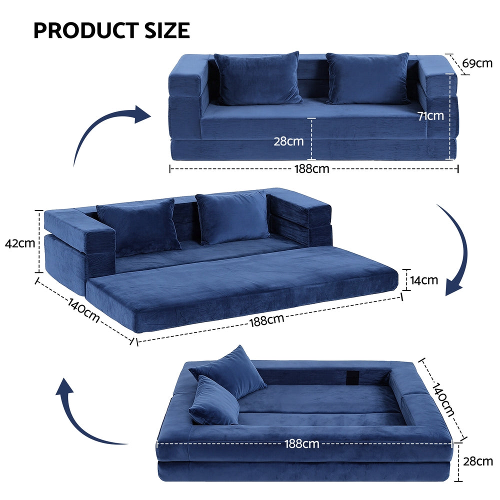 Convertible Folding Sofa Bed – Velvet Fabric, Blue, 3-in-1 Lounge Couch with Pillows