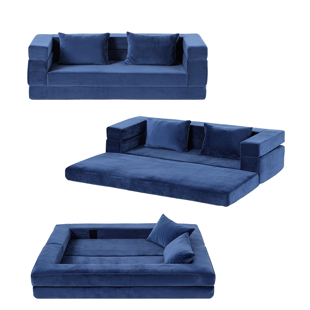 Convertible Folding Sofa Bed – Velvet Fabric, Blue, 3-in-1 Lounge Couch with Pillows