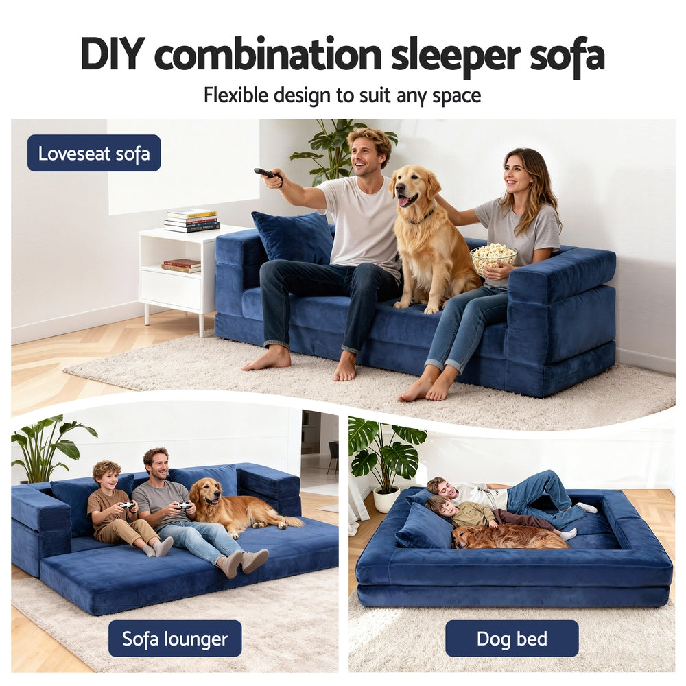 Convertible Folding Sofa Bed – Velvet Fabric, Blue, 3-in-1 Lounge Couch with Pillows