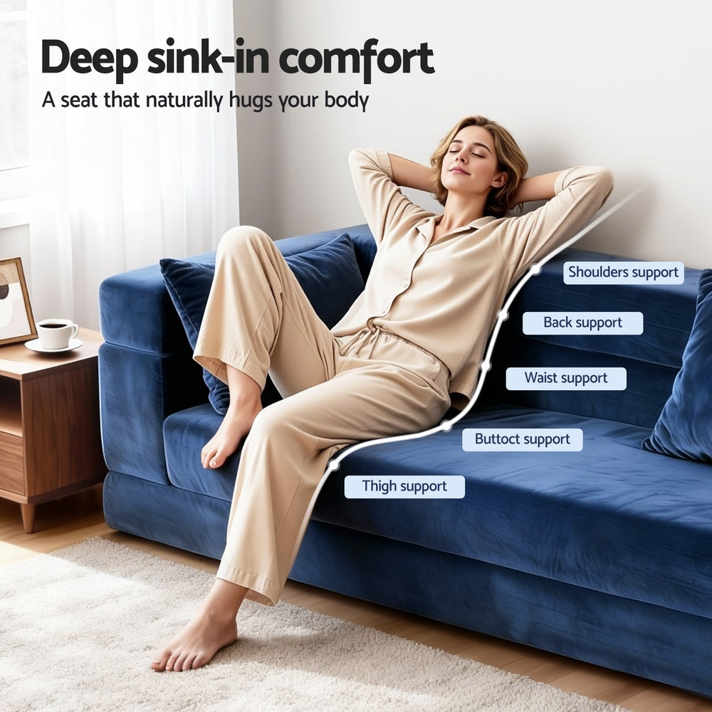 Convertible Folding Sofa Bed – Velvet Fabric, Blue, 3-in-1 Lounge Couch with Pillows